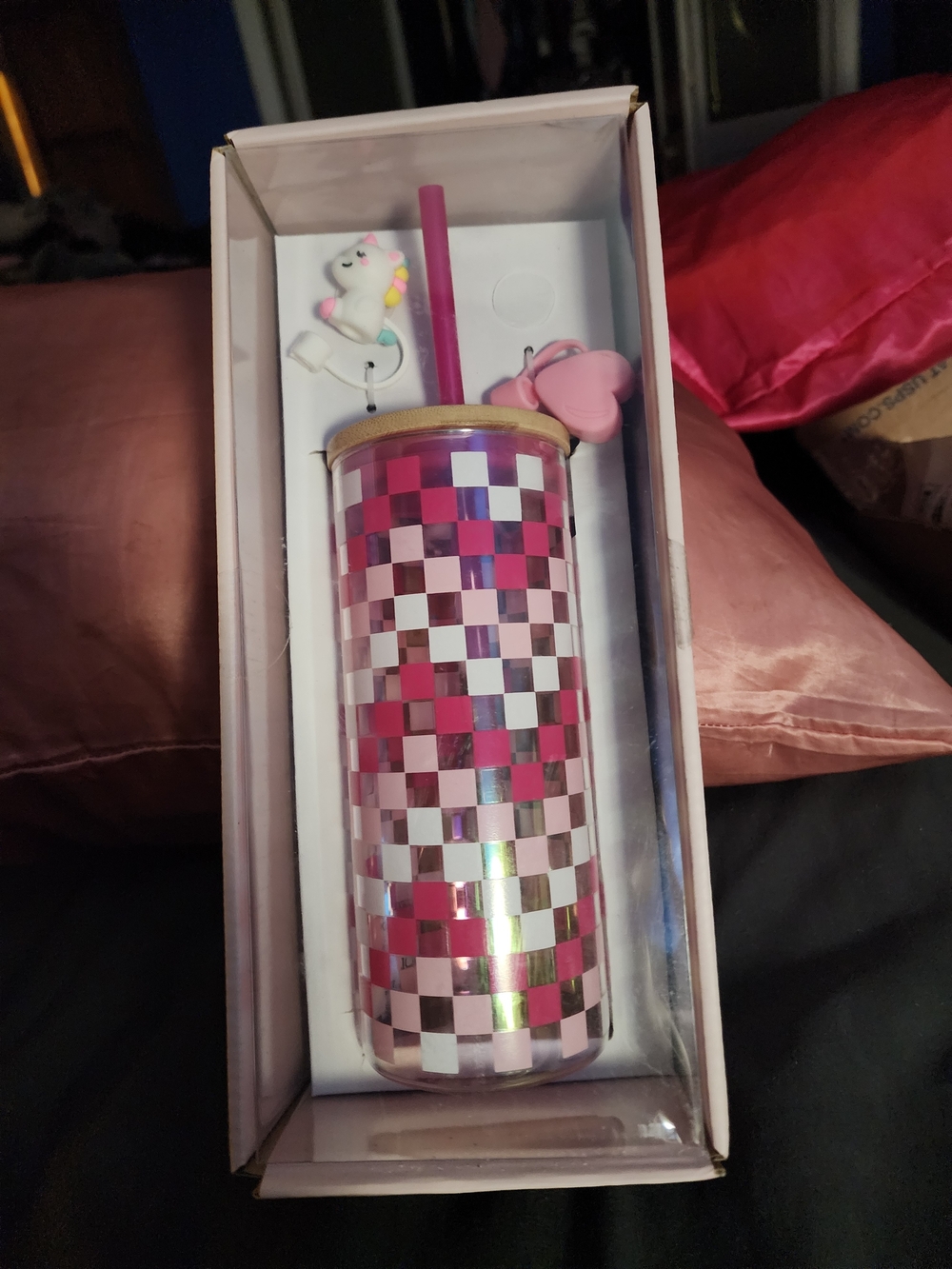Pink Checkered Glass Tumbler with Straw and Cute Charms!! 🩷